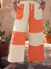 Feuerrote Rohnaht-Colorblock weite knöchellange lässige Hosen - Miniatuur