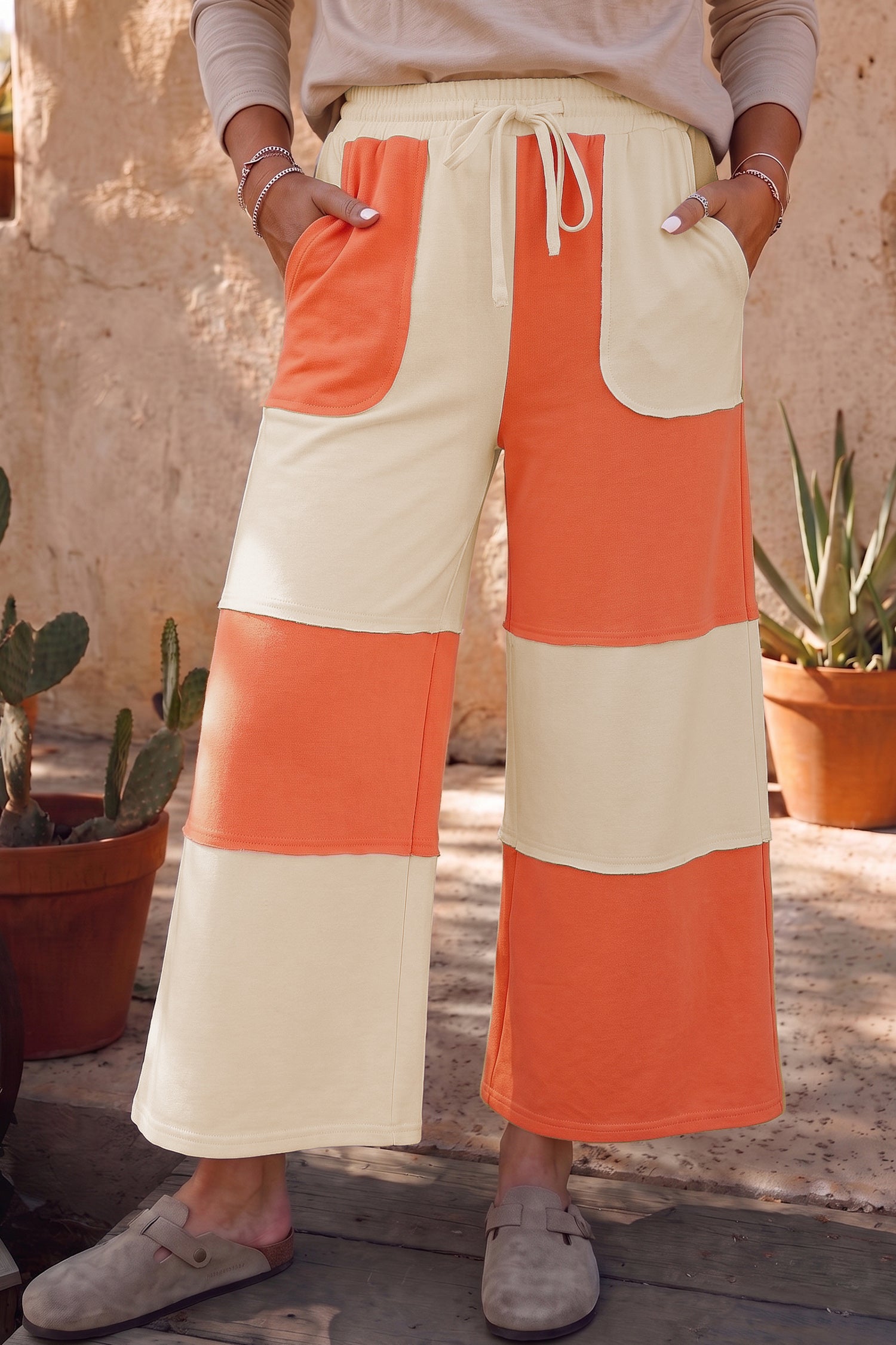 Colorblock a cucitura cruda rosso fuoco Pantaloni casual lunghi gamba larga lunghezza caviglia