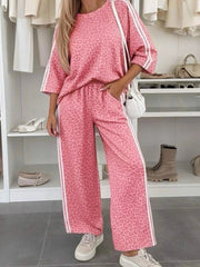 Pinker Leopardenmuster Varsity mit gestreiftem Detail 3/4-Ärmel Oberschicht Shift-Hose Set - Miniatuur