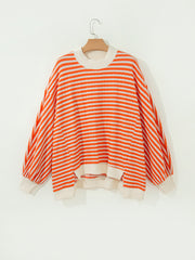 Orangestreifen-gestreiftes, strukturiertes Stand-Neck-Oberteil mit übergroßem Langarmshirt - Miniatuur