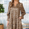 Khaki Leopard Print V Neck Ruffled Sleeve Tiered Loose Mini Dress - Foto 4