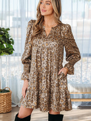 Khaki Leopard Print V Neck Ruffled Sleeve Tiered Loose Mini Dress - Miniatuur